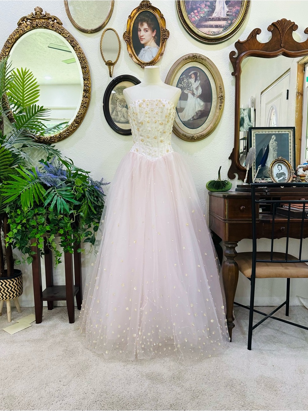 Strapless Pink Ball Gown Dress with Gold Accents
